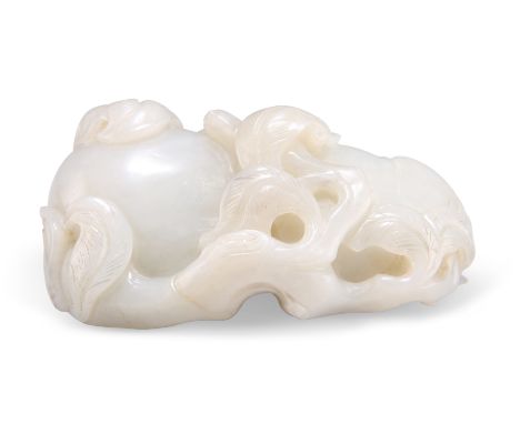 A CHINESE JADE "THREE ABUNDANCES" CARVING, probably 19th Century, depicting a plump peach and pomegranate joined together wit