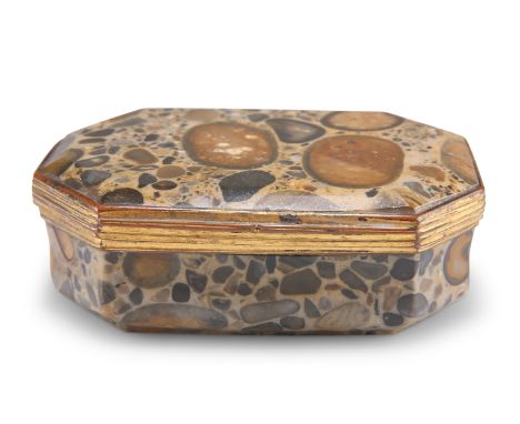 A GEORGE III GILT-METAL MOUNTED PUDDING STONE SNUFF BOX, canted rectangular with hinged cover. 8cm wideCONDITION REPORTThe st