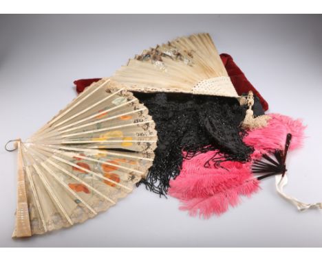 THREE 19TH CENTURY FANS,&nbsp;the first with gilded wooden monture, double-net leaf painted with beetles on a blossom branch,