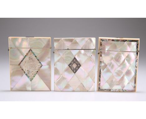 TWO 19TH CENTURY MOTHER-OF-PEARL AND ABALONE SHELL VISITING CARD CASES, each with applied mother-of-pearl tiles and abalone s