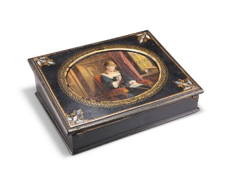 A VICTORIAN PAPIER-MÂCHÉ&nbsp;WRITING SLOPE, the hinged cover inset with an oval print of a young lady sewing, the interior w