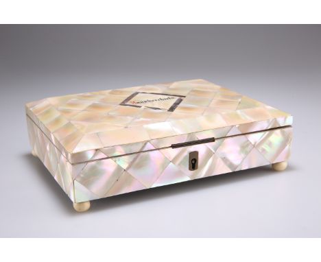 A VICTORIAN MOTHER-OF-PEARL HANDKERCHIEF BOX, the hinged rectangular lid titled 'Handkerchiefs'. 20.5cm wide