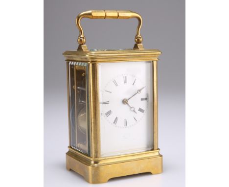 A LATE 19TH CENTURY FRENCH BRASS CARRIAGE CLOCK, BY DROCOURT, in Corniche case, the enamel dial indistinctly inscribed, no. 9
