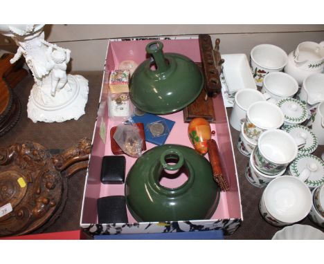 Two enamel lamp shades, various commemorative coins, pipe rack, shell decorated box, costume jewellery etc.