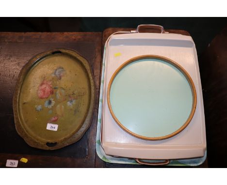 A quantity of vintage and later trays including Toleware