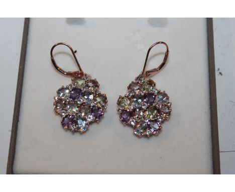 A large gold on Sterling silver amethyst and topaz set pair of drop ear-rings 