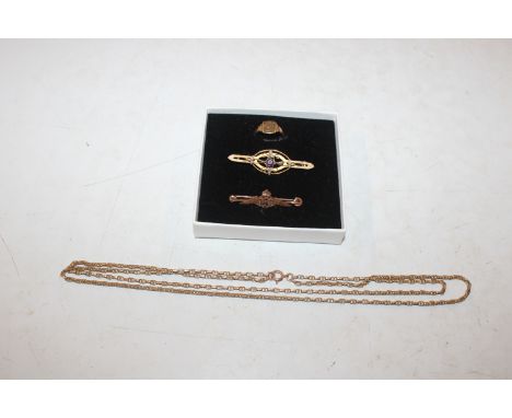 A 9ct gold amethyst and seed pearl set bar brooch; a  9ct gold RFC brooch and a 9ct gold ring, ri9ng size N, approx. total we