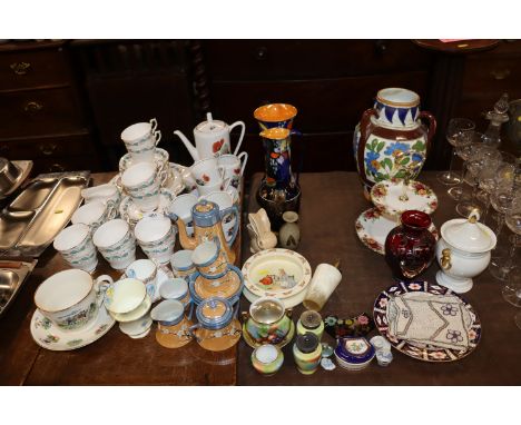 A quantity of Paragon tea ware, Poppy patterned tea ware, beadwork purses, Royal Crown Derby plate, Royal Albert "Old Country