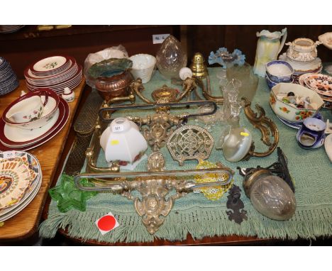 A quantity of metal and glassware to include figural decorated towel rail, copper jardiniere, light shades, light fittings, b