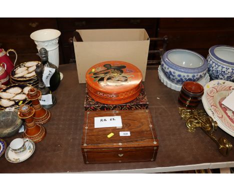 An Oriental decorated hors d'oeuvres dish; a mother of pearl inlaid trinket box and a box of various plate stands 