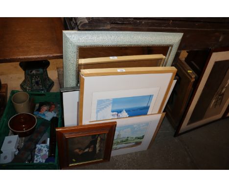 A quantity of various pictures and prints; a modern mirror; and a signed photographic print etc. 