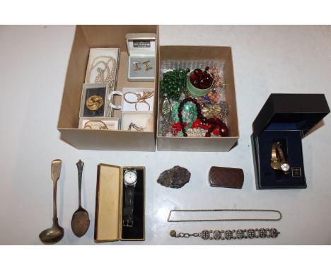 Two boxes containing vintage and other bead necklaces, wrist watches, cuff-links, tartan ware snuff box etc.