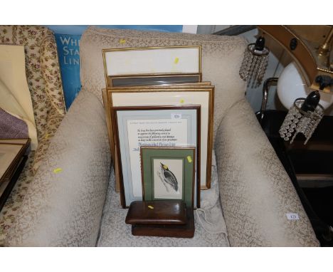 A collection of miscellaneous pictures and prints; and a walnut trinket box 