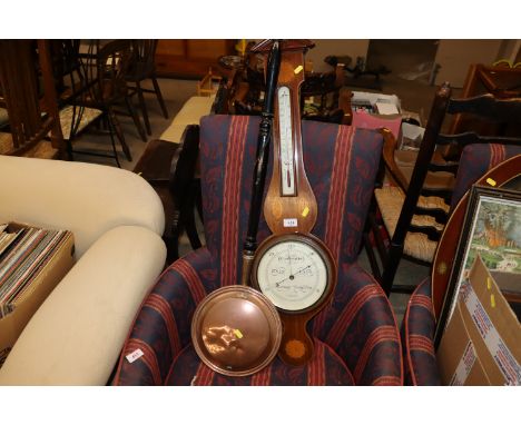 A Kelvin White & Hutton of London mahogany and chequer band inlaid cased barometer; and a copper warming pan AF