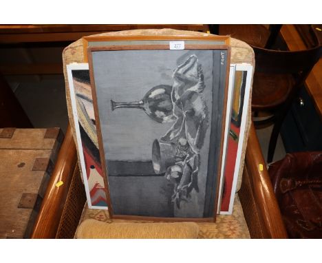 A framed and glazed collage study; an oil on board abstract; a framed and glazed charcoal "Tools of the Trade" by David Thomp