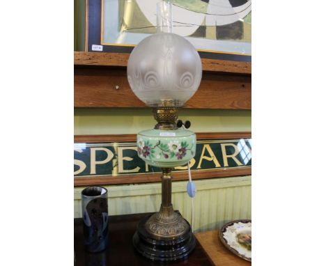 A painted green glass reservoir oil lamp with globular etched shade, converted to electricityCondition Report: Generally, Ver