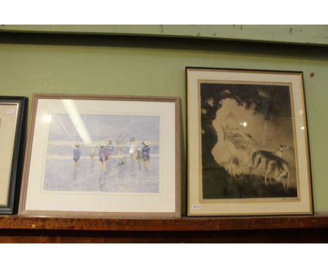 A 1925 Louis Icart print, scantily clad maiden and twin hounds, together with a colourful print of the family paddling in the