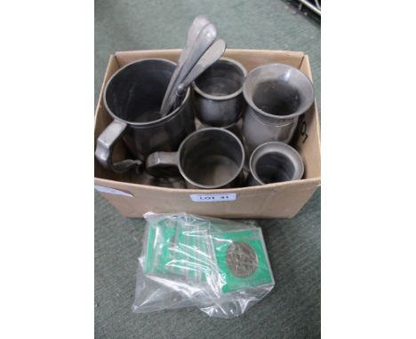 Two pewter tankards, a goblet, two measures &amp; various pewter spoons, together with ten Silver Jubilee cased Crowns 