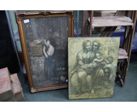 A Pre-Raphaelite print, probably depicting Pandora in moulded gilt frame, together with an old master black-and-white family 
