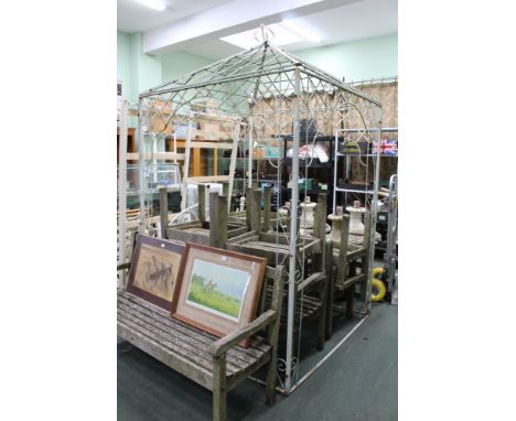 A metal square formed garden gazebo.Condition Report: Approximately 2.5m high to finial, 2m to the top banner.1.5m wide and l
