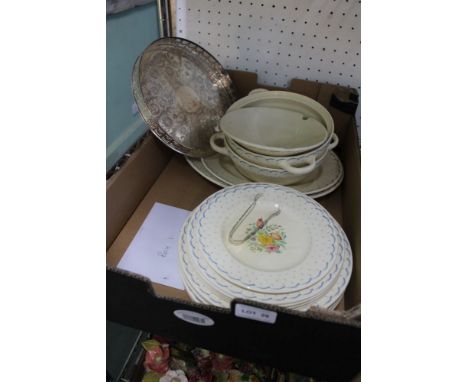 An art deco Susie Cooper part dinner service, together with a circular silver plate tray and pair of sugar nips 