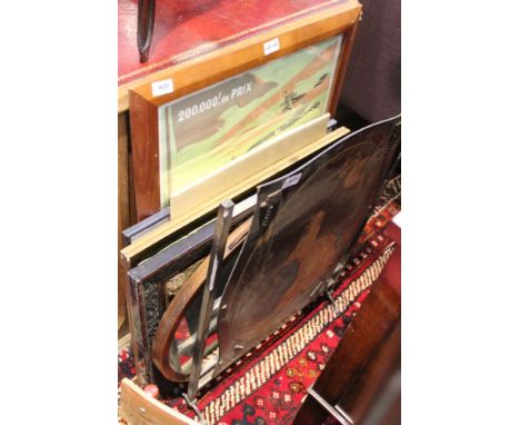 A selection of decorative pictures and prints to include an oval wall mirror and a fire screen 