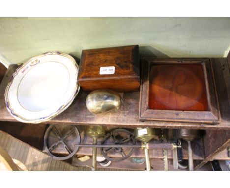 Crested Copeland Spode China soup bowl, together with a wooden and tile insert teapot stand a small oak box and a brass pocke