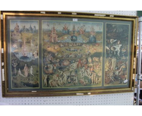 A coloured print depicting "the garden of earthly delights" 
