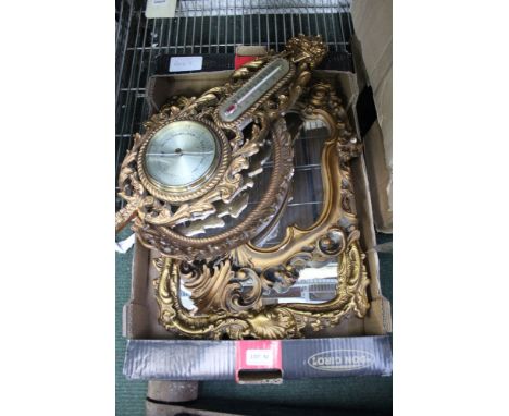 A selection of gilt framed mirrors, together with a gilt banjo barometer thermometer 