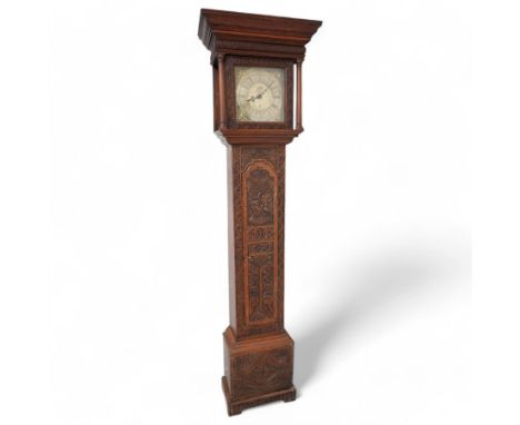 James Smith - mid 18th century 30hr carved oak longcase clock c1760, with a flat topped hood and broad cornice, square hood d