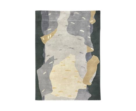 Deirdre Dyson London - 'Birch Tree' abstract rug, shades of grey and green depicting a birch trunk Dimensions: Length/Width:&