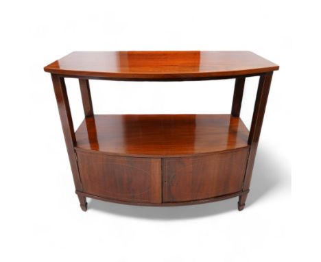19th century mahogany bow-fronted two-tier buffet, decorated with boxwood stringing, fitted with double cupboard, on tapering