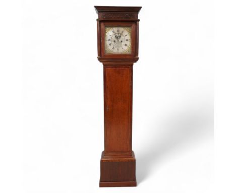 Mahogany - 8-day longcase clock, with a flat pediment and blind fret frieze beneath, square hood door with detached freestand
