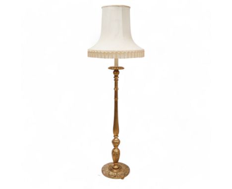 Italian design giltwood pricket stick standard lamp with shade, turned and fluted column on circular acanthus leaf carved bas