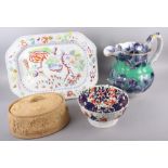 A Davenport floral decorated toilet jug, 14" high (restored), an Imari decorated bowl, 9 3/4"dia, an