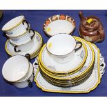 A Shelley 11203 pattern part teaset, a bachelor's Doulton Lambeth teapot and a Royal Crown Derby
