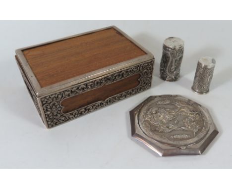 A Chinese White Metal Compact (A/F), Chinese silver spill vase and one unmarked and white metal mounted wooden box