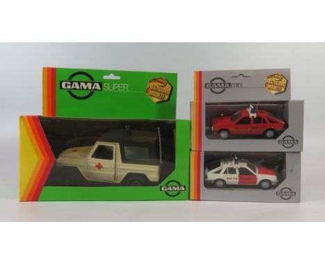 Gama Super Mercedes -Benz Rettungswagen 82108000, Gama Mini Opel Ascona 81172000 and Opel Ascona Notarzt 81171000, all boxed