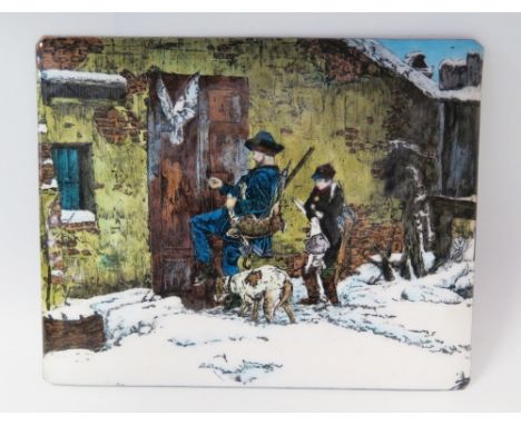 A French Enamel Plaque depicting a hunter and his returning home, in the style of Limoges, 25 x 20 cm