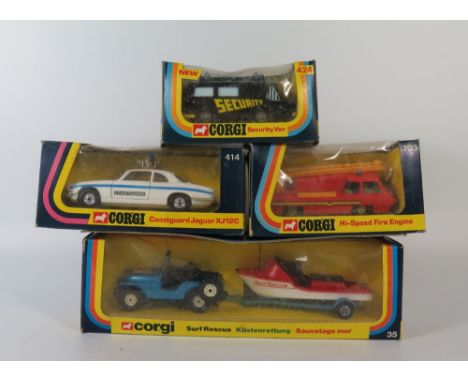 Corgi 35 Chopper Squad, 414 Coastguard Jaguar, 424 Security Van and 703 Fire Engine, all boxed