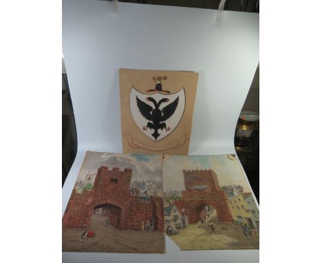 Mr. Tucker, Old West Gate Exeter and one other 47 x 38 cm, watercolour on card and coat of arms