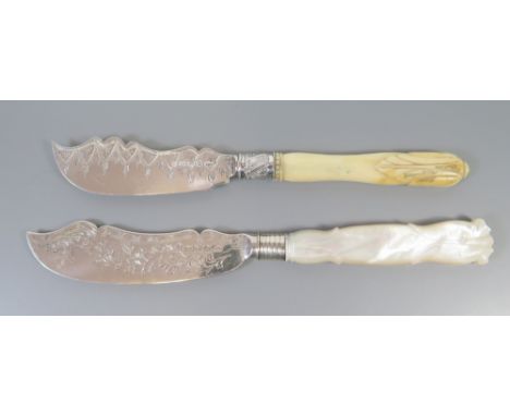 Two Victorian Silver Butter Knives, one with mother of pearl handle and the other ivory, Birmingham 1850 & 1869, George Unite