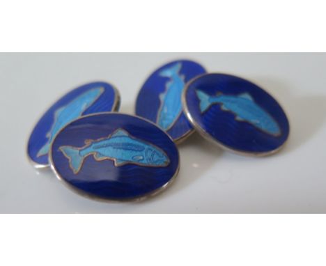 A Pair of Tiffany & Co. Silver and Enamel Cufflinks decorated with salmon