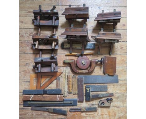 Box of Assorted Wood Planes and other tools