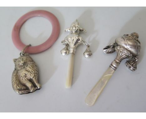 Two Silver and Mother Of Pearl Teething Rattles and one plated