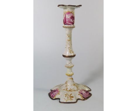 A Georgian Battersea Enamel Candlestick, 13 cm. Restored