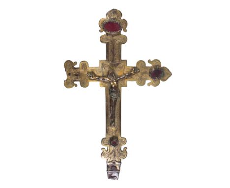 Spanish fleur de lis processional cross with an affixed Christ crowned in the centre, in gilded copper, with incised decorati