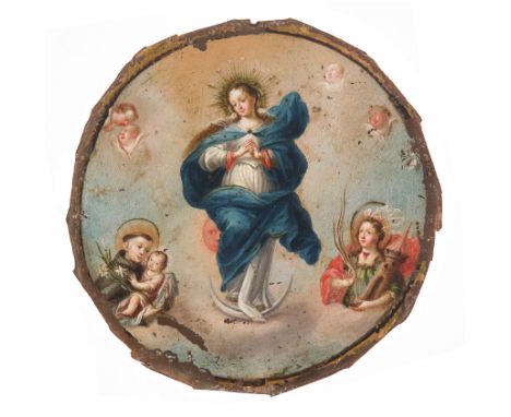 Colonial School. Mexico. 17th century."The Immaculate Virgin with St. Barbara and St. Anthony of Padua"Oil on copper. Nun’s b