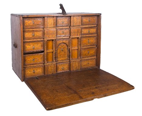 Cedar and fruit wood desk with incised, tinted decoration, inlay and iron fittings. Colonial work. Viceroyalty of Peru, Ecuad