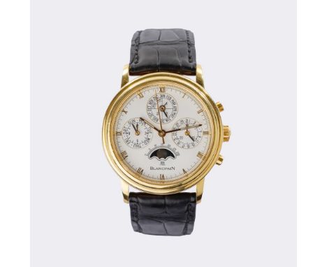 Blancpain. Herren-Armbanduhr 'Leman' Perpetual Calendar. 18 kt. GG, gest., Automatik, Ref. 5585. Weißes Zifferblatt, goldene 
